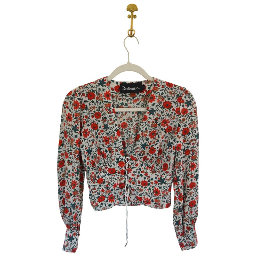 Realisation Par Bennie Floral Silk Tie-Front Cropped Blouse